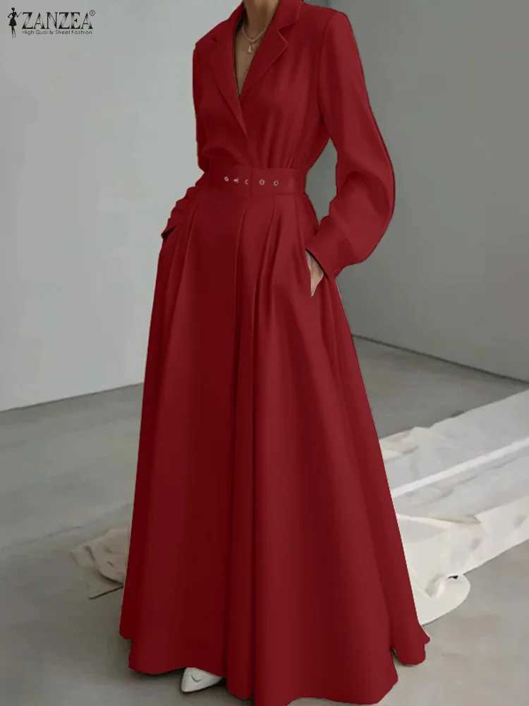 Women Autumn OL Work Dress ZANZEA 2025 Elegant Lapel Long Sleeve Office Dresses Solid Belted Robe Stylish A Line Party Vestidos J251105