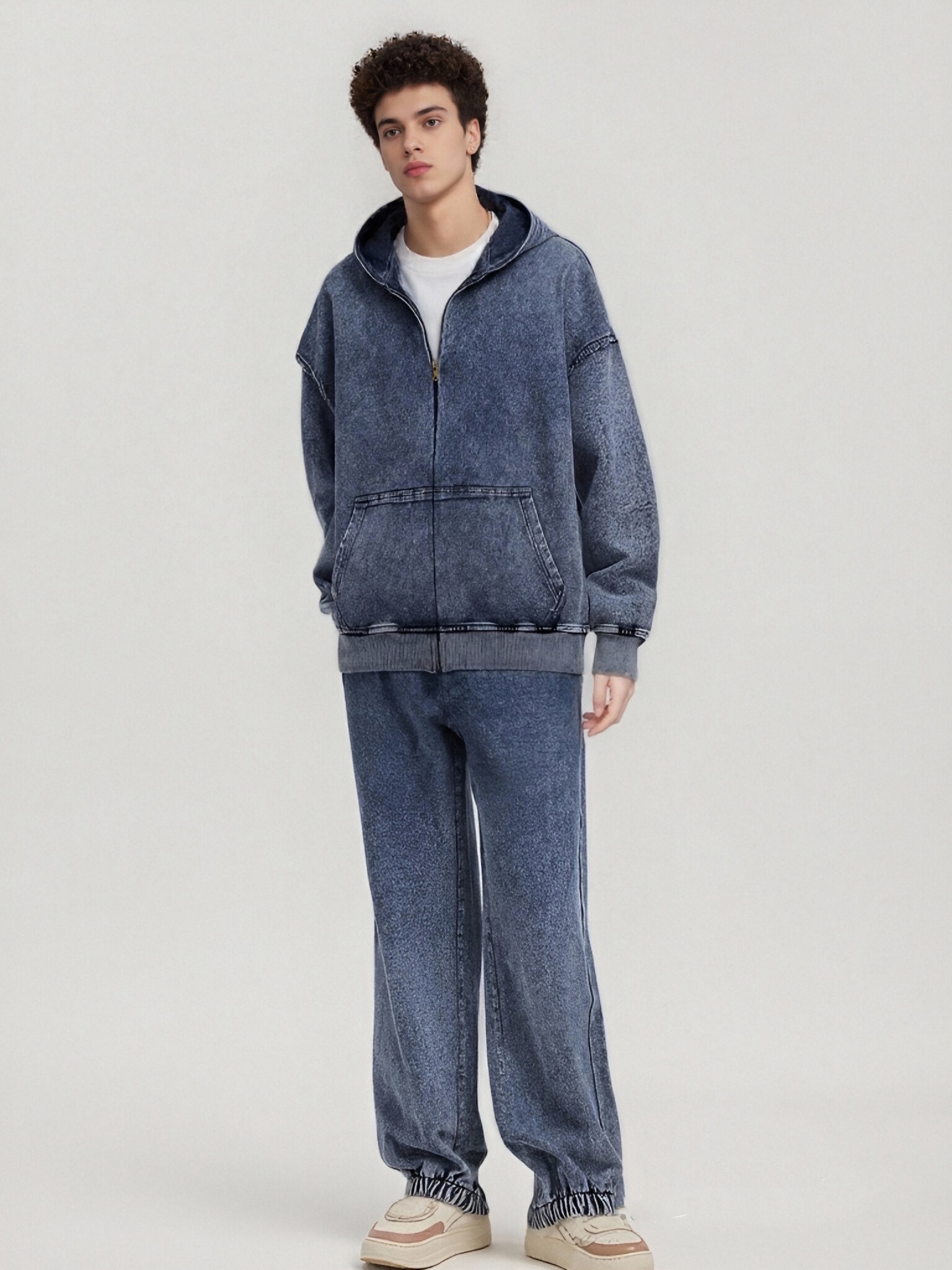 BLNCG Men's Washed Retro Zip - Up Hoodie, Distressed Vintage Style, Customizable Oversize Fit, Ideal for Streetwear Enthusiasts-KB-02