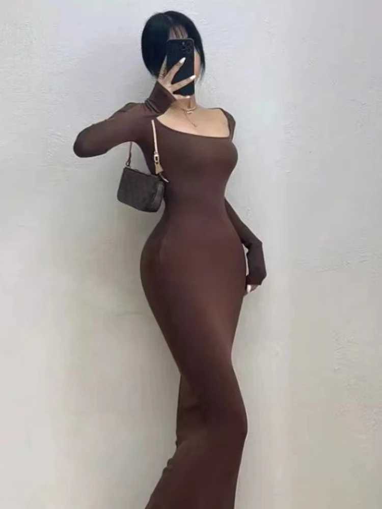 Ribbed Solid Long Sleeve Square Neck Skinny Bodycon Dress Women Autumn Sexy Evening Party Elegant Vestido Ladies Long Dresses J251105