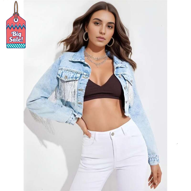 hoodie Women's Wear Spring And Autumn Tassel Jacket, Women's Distressed Short Denim Jacket With Rough Edges jacket