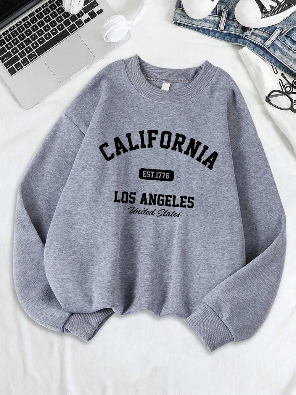 California Los Angeles Est 1776 Prints Sweatshirts Women Crewneck Basics Hoodies Loose Fleece Warm Tops Winter Womans ClothesT251105