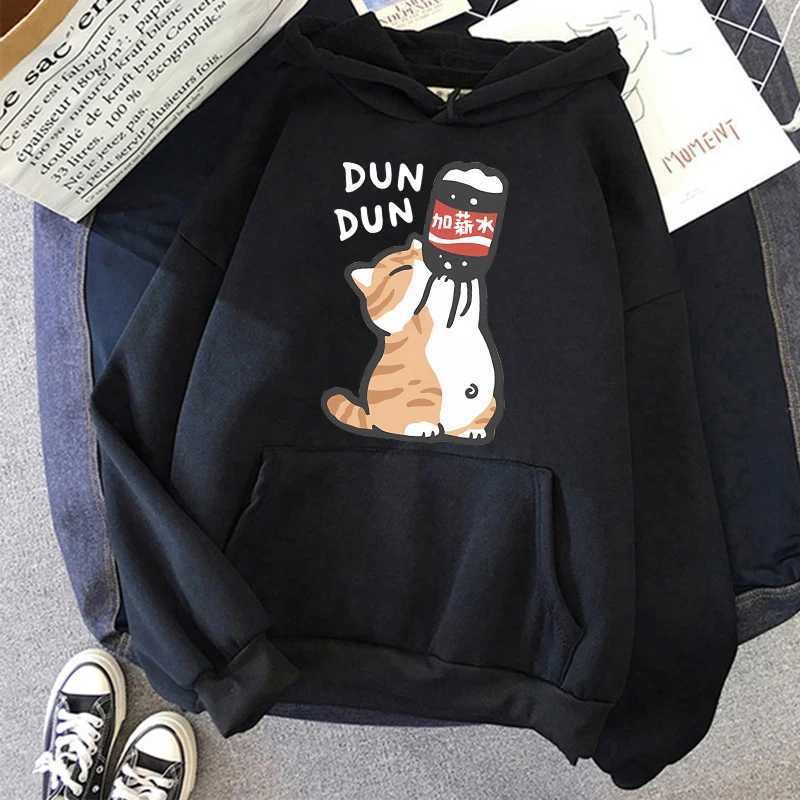 Cat Drinking Beverages Print Sweatshirts Clothes Women Casual 90s Kangaroo Pocket Hoodies Unisex Fashion Funny Hooded PulloversT251105