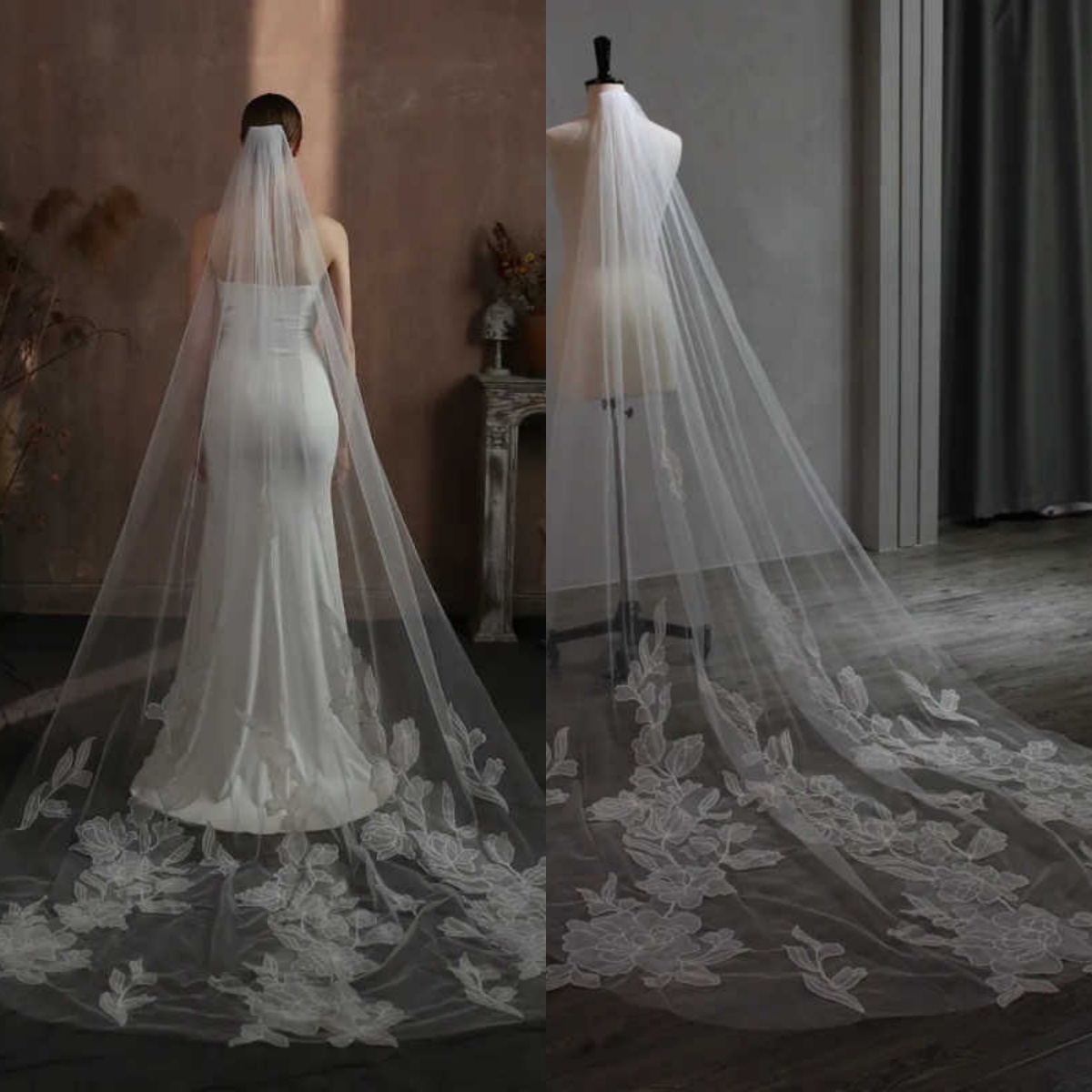 Charming Appliques Wedding Veil Lace One Layer Chapel Length Bride Veils With Comb High Quality Customized velo de novia