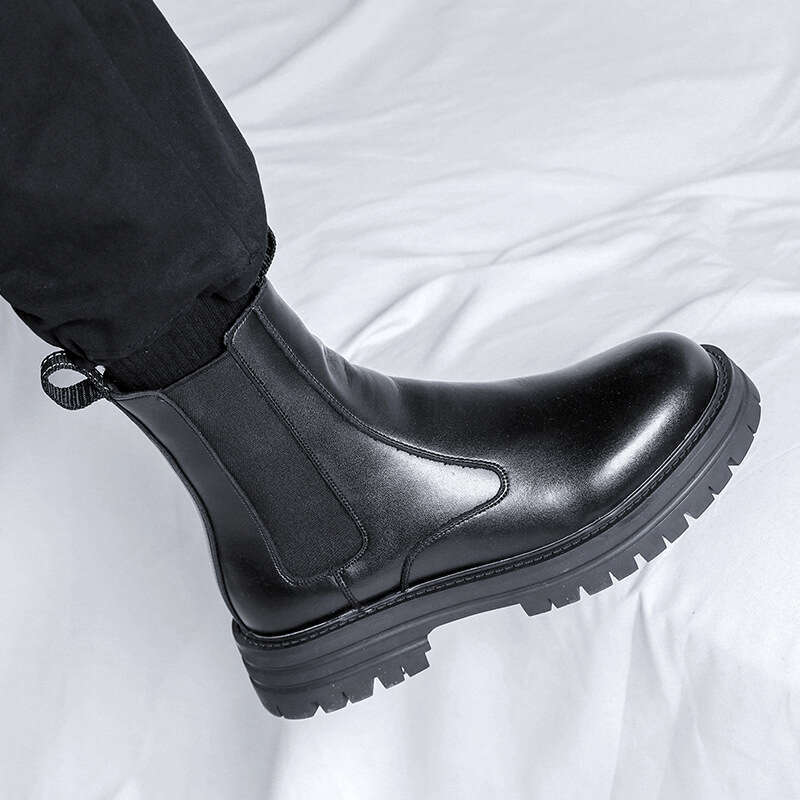 Cut West men's British style leather thick soled Martin boots, autumn and winter with fleece, mid top high street workwear, short boots trend