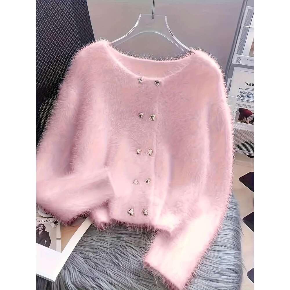 Elegant Fur Cardigan Plus Size Women's Elegant White Faux Fur-Lined Cardigan | Button-Front Sweater With Black Buttons, Round Neck Long Sleeve Fa