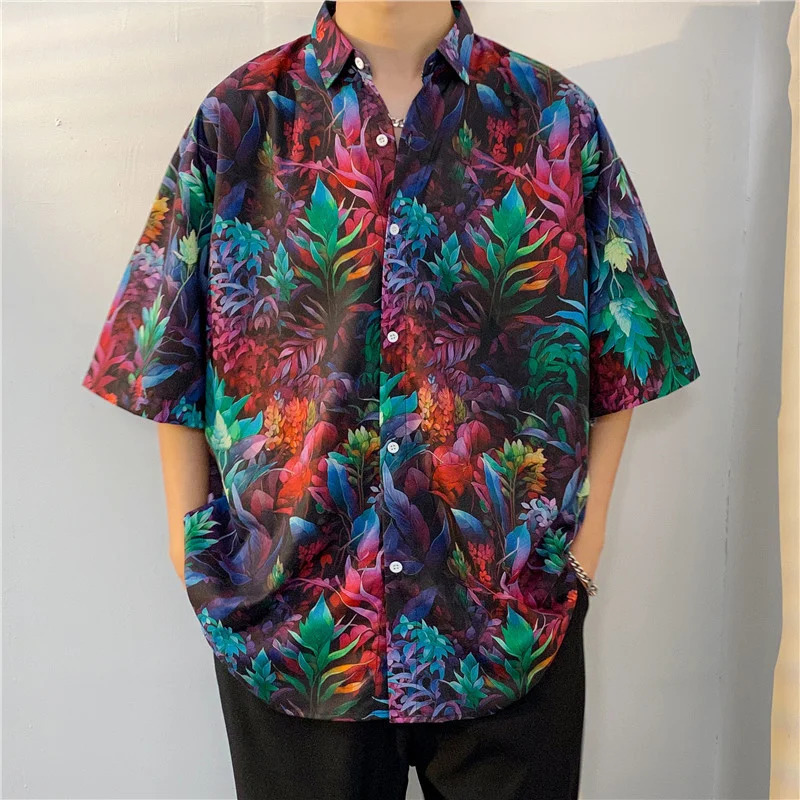 3D printed Hawaiian shirt mens short sleeved tropical Tiki style casual loose beach shirt summer floral Aloha shirt mens 250403