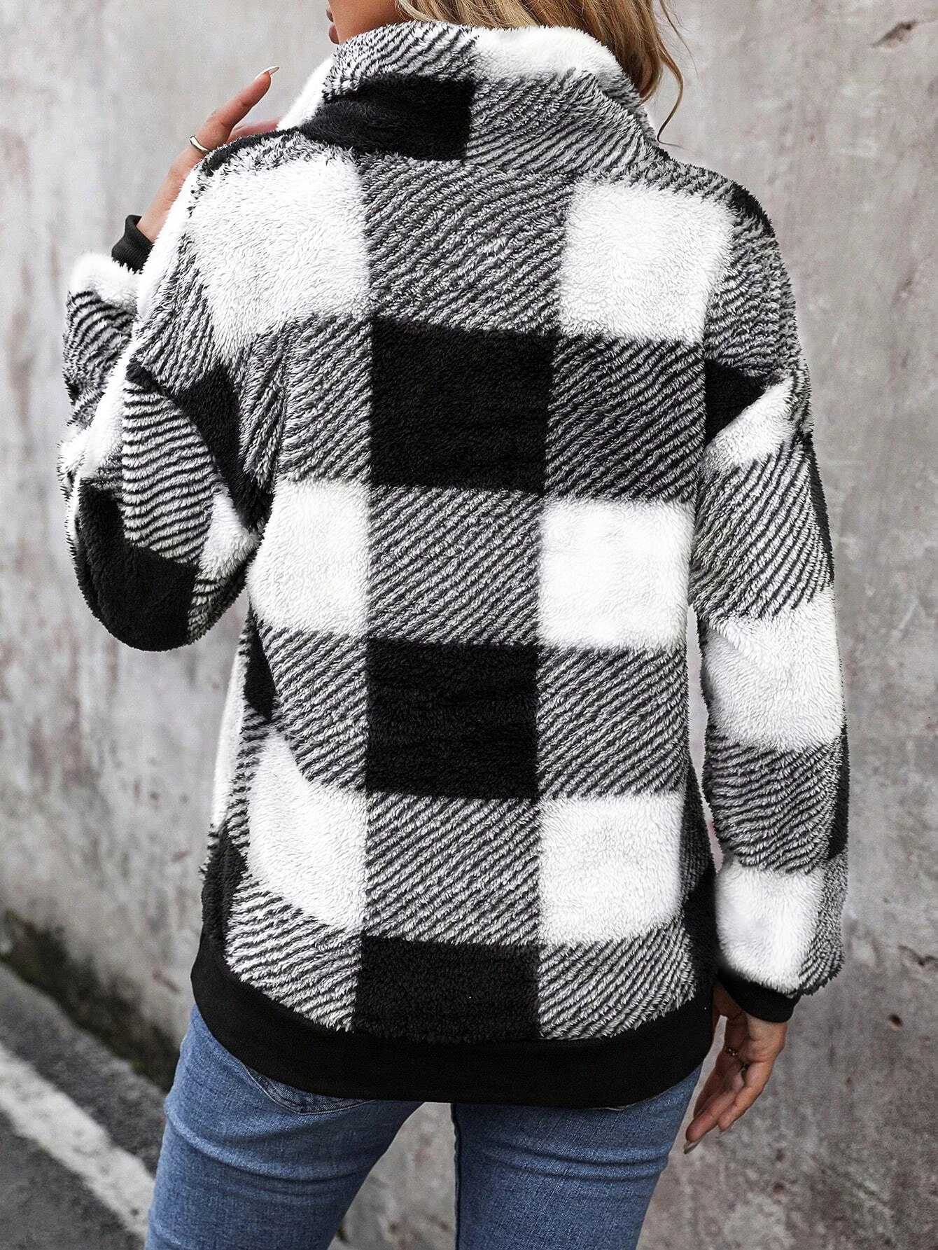 Womens Plaid Print Half Zip Drop Shoulder Fuzzy Sweatshirt Casual Long Sleeve Collared Pullover for Fall and WinterT251105