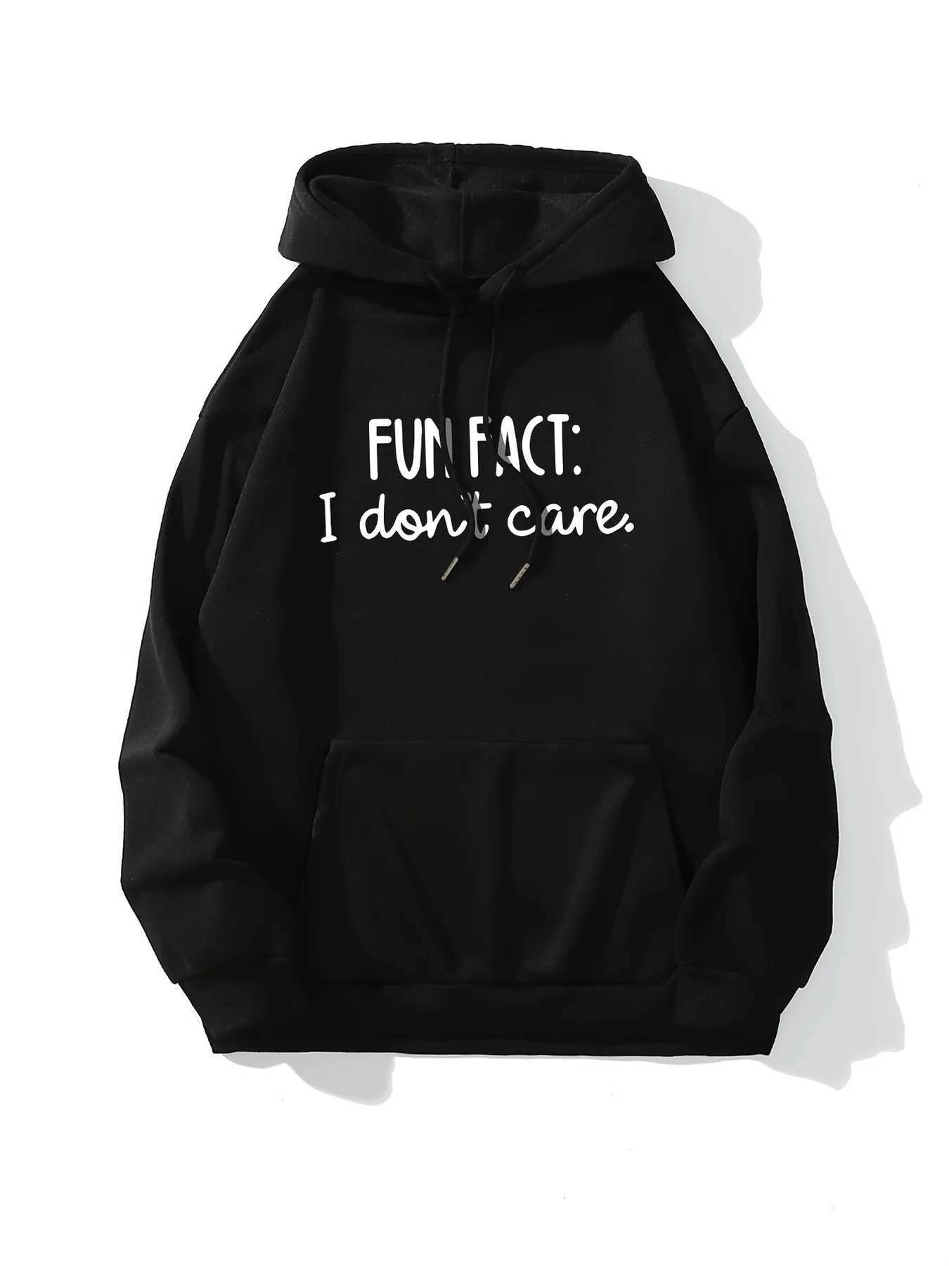 Womens autumn and winter casual loose and comfortable FUN FACT I dont care printed fleece warm long sleeved hooded sweatshirtT251105