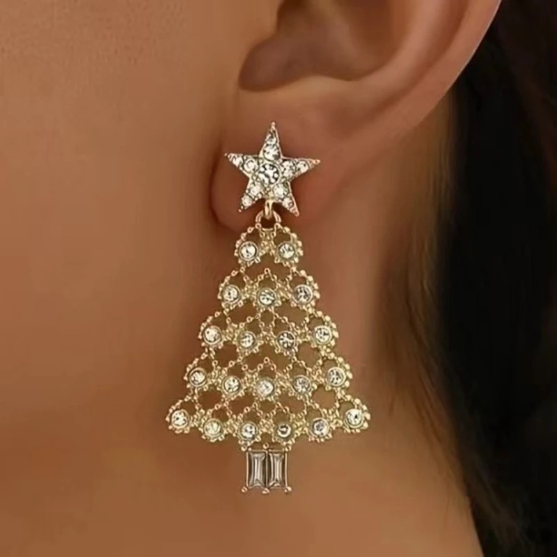 Fashion Sweet Temperament Gold Color Christmas Tree Pendant Earrings for Women Christmas Light Shiny Party Jewelry 251131