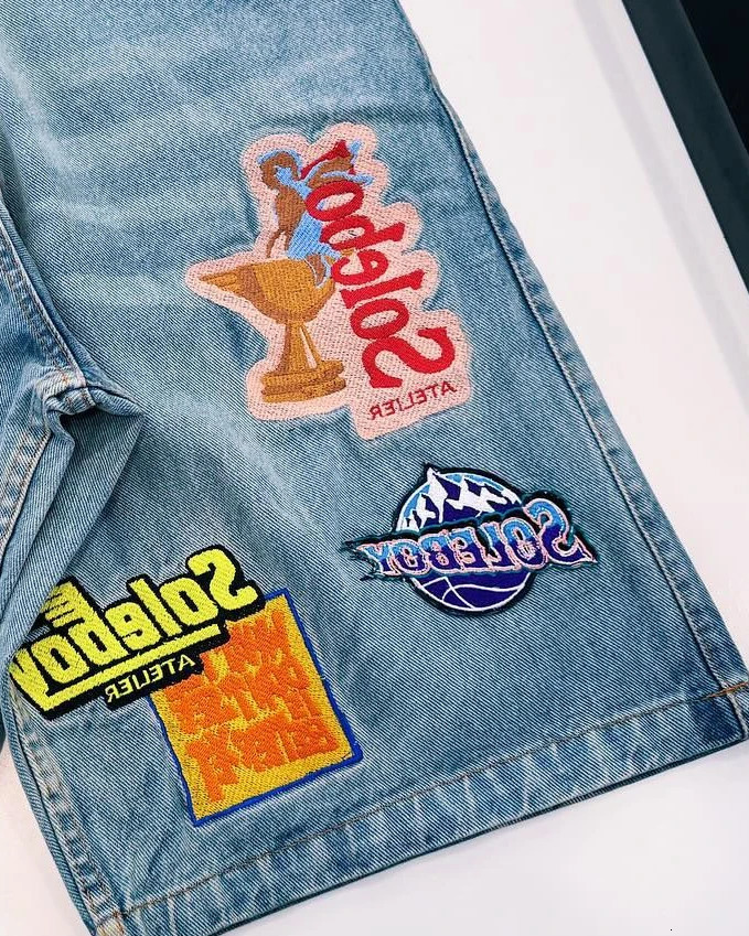 Street wear shorts Y2K mens jeans Harajuku hip-hop gothic graphic retro blue pocket denim gym shorts casual shorts 250403