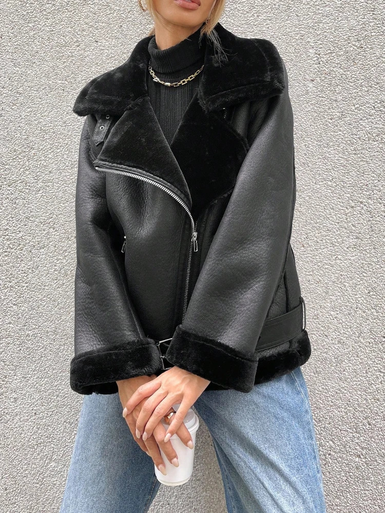 Fitaylor Winter Women Faux Fur Leather Jacket Casual Lady Thick Warm Leather Jacket High Street Motorcycle Outwear 251104CJ