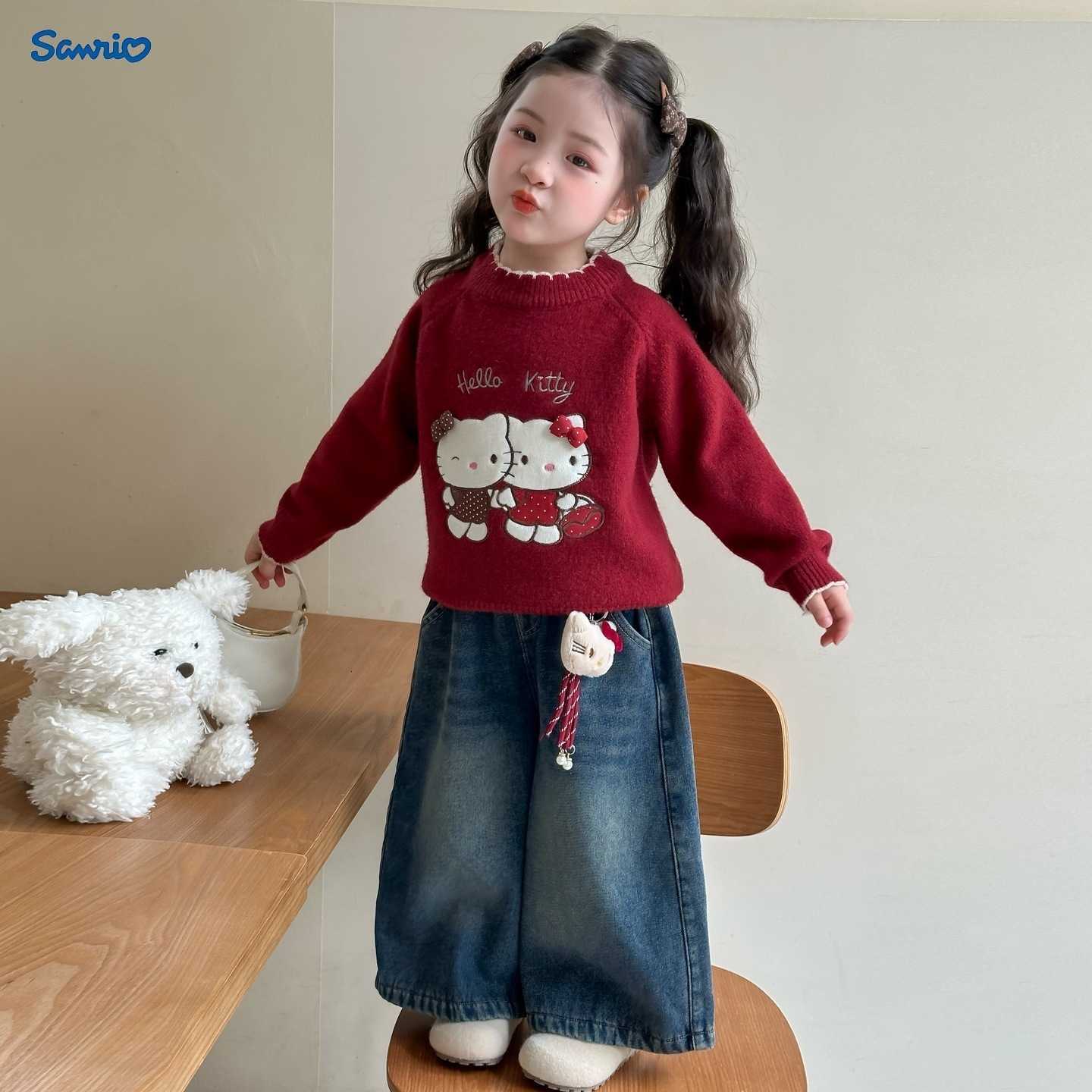 Sanrio KT Cat Girl Sweater 2025 New Childrens Autumn Winter Pullover Baby Girl Round Neck Cartoon Knitted Sweater Trendy H251105