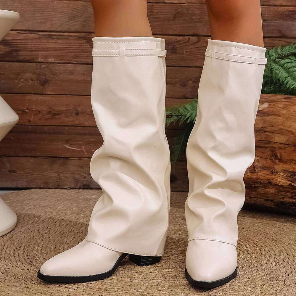 Fashion Fold Over Knee for Women Slip On Chunky High Heel Shark Boots Woman Wide Leg PU Leather Long Botas Mujer 2025