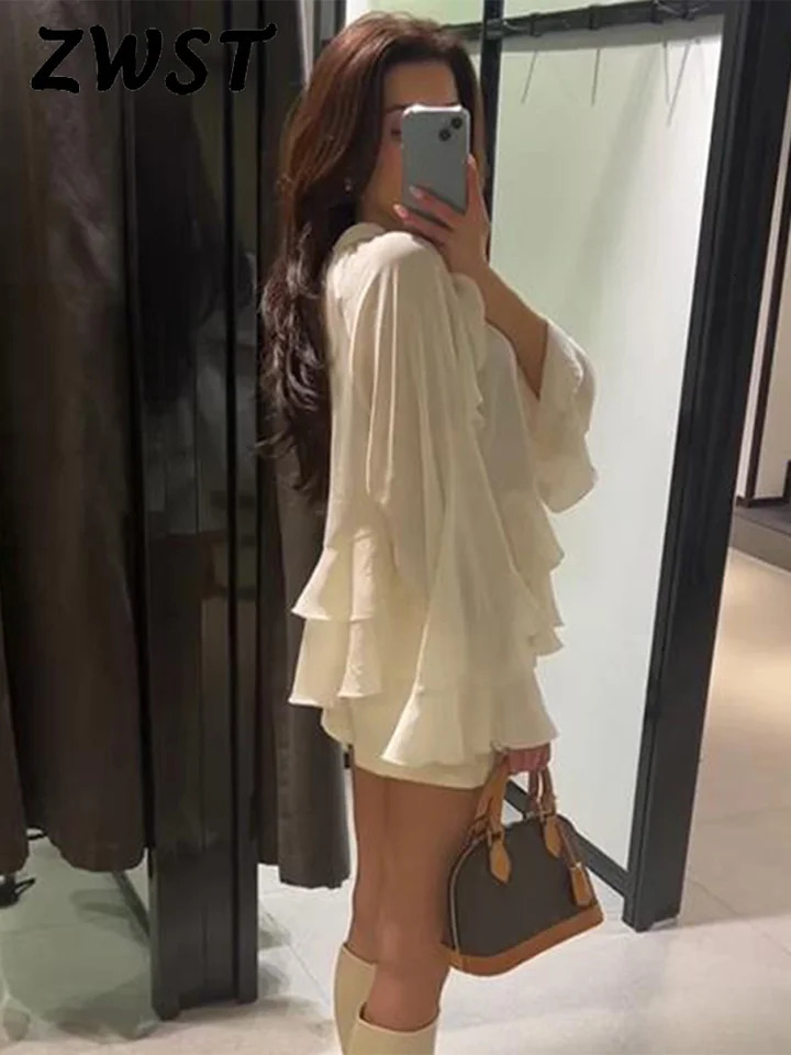 Fashion Flounce Blouses Womens Mesh Long sleeved O-neck Gauze Shirt Womens Spring/Summer Loose Womens Street Top 250402