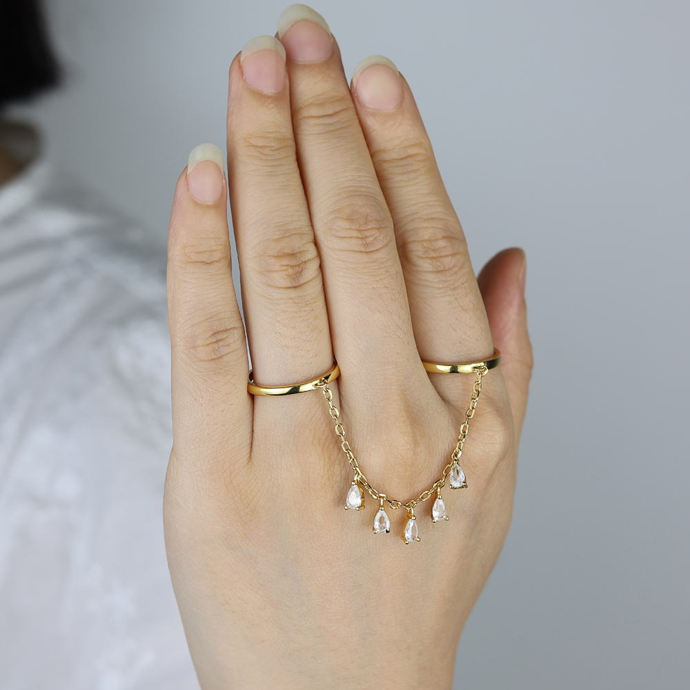 2025 New Fashion Gold Plating Water Drops Tassel Chain Ring Bling 5A CZ For Women Girl Double Layer Personalized Jewelry