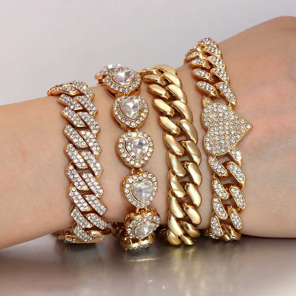 Iced Out Crystal Heart Tennis Chain Miami Cuban Link Chain Bracelet for Women Men Hiphop Chunky Chains Bracelets JewelryXJ251105