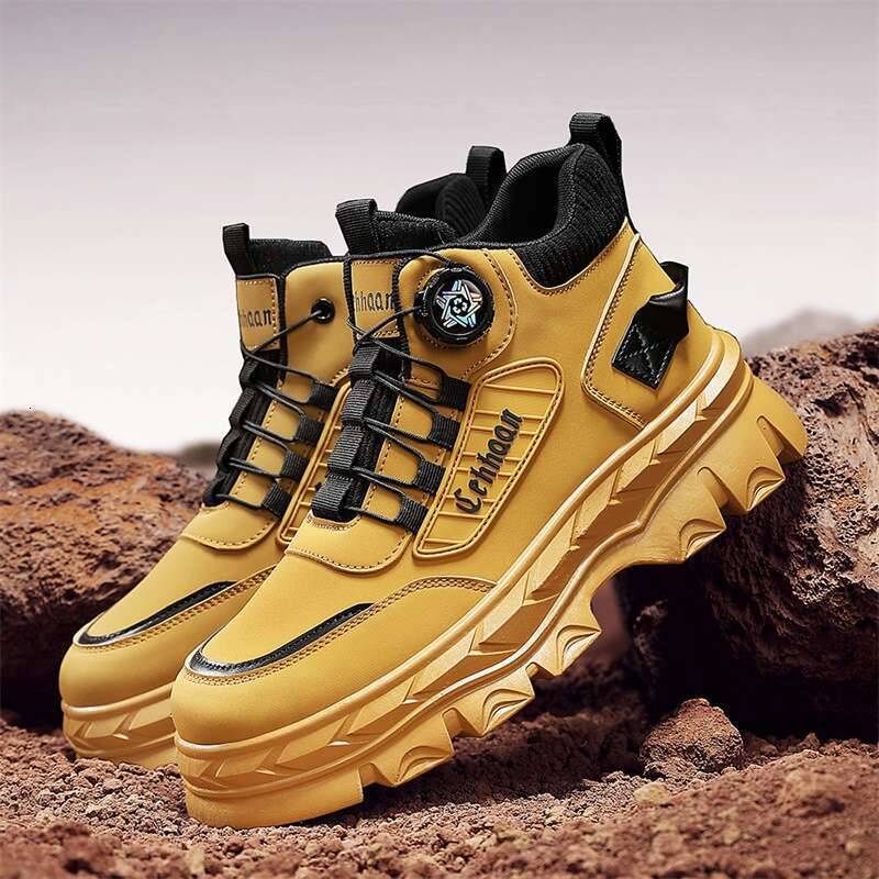 Autumn Winter New Men's High-top Martin Boots with Rotating Buckle No-tie Outdoor Hiking Wear-resistant Work Shoes for Men