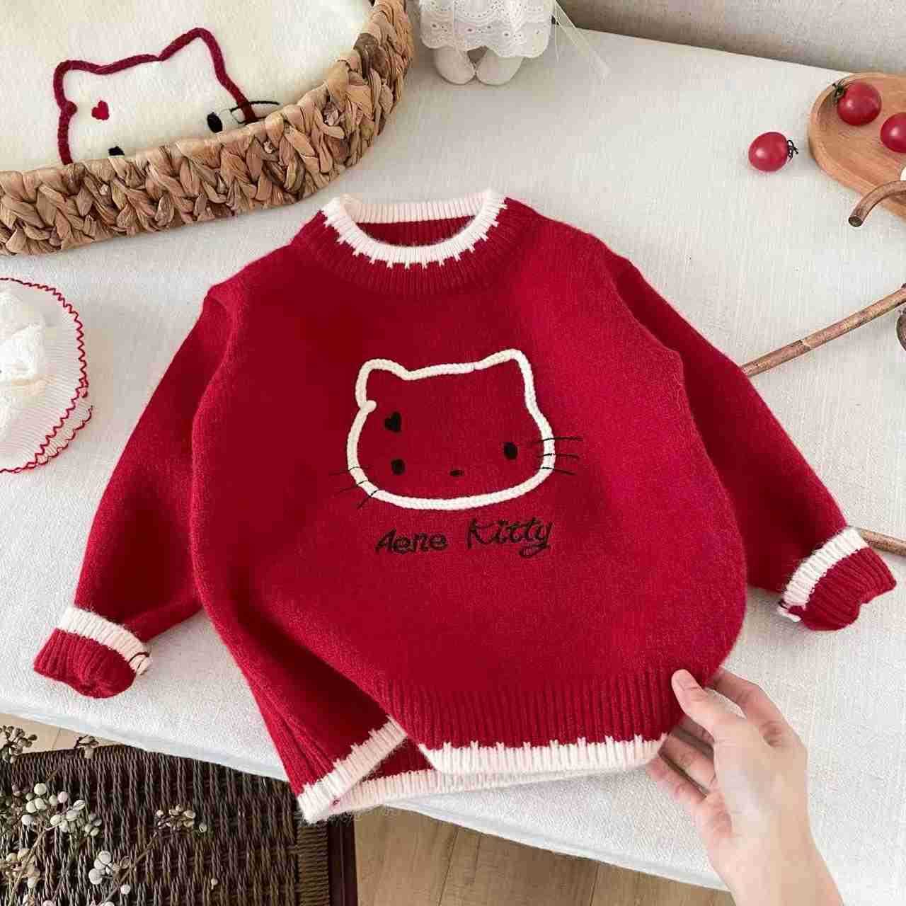 Sanrio Girls Autumn Winter Knitted Sweater 2025 New Style for Young Girls Childrens Round Neck KT Cat Knitted Pullover H251105