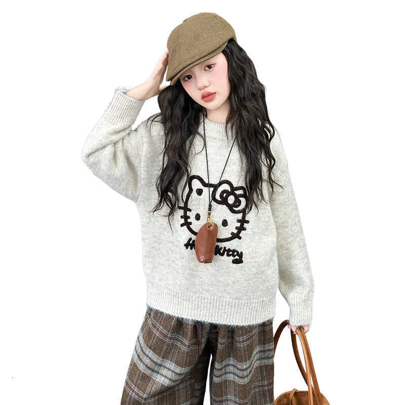 Sanrio Girls Sweater Autumn Winter 2025 New Fashionable Korean Style Cartoon Kitty Cat Pullover Sweater for Older Children H251105