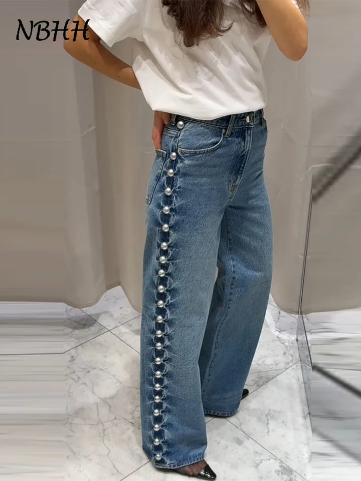 Street Fashion Beaded Womens Jeans High Waist Pocket Straight Wide Leg Denim Pants Spring Y2k Trousers 250403