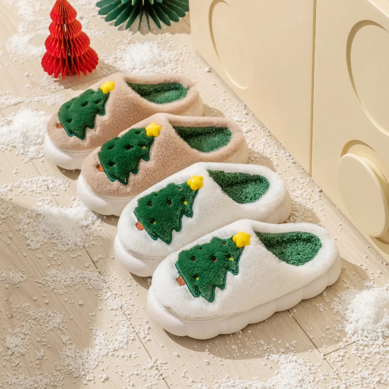 Christmas Tree Womens Slippers Flat Fluffy Cartoon Winter Woman Shoes Home Plush Fuzzy Fur Slides Soft Sole 251031
