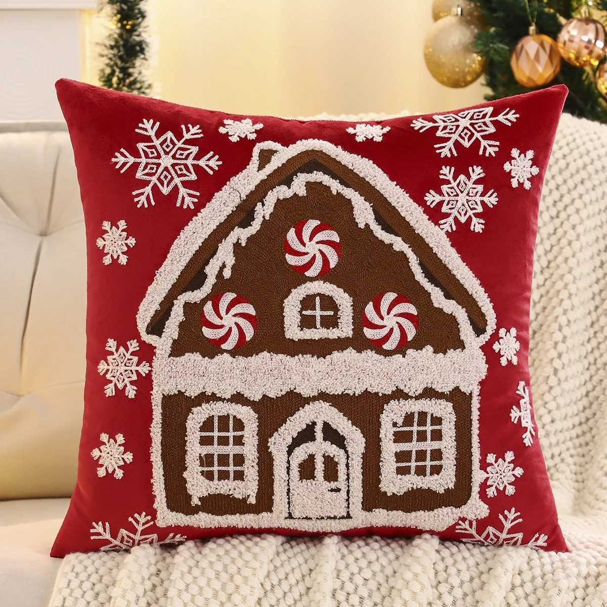 1 PC Christmas House Throw Pillow Cover Velvet Embroidery Snowflake Christmas Decoration Living Room Y251105