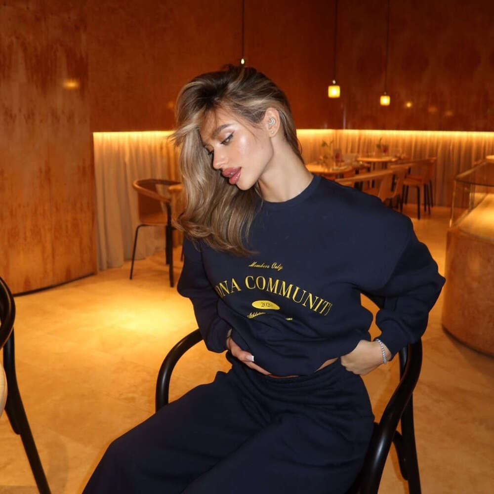 Casual American Retro For Women Street Style Letter Print Loose Round Neck Sweatshirt And Long Pants Two-Piece Set B5