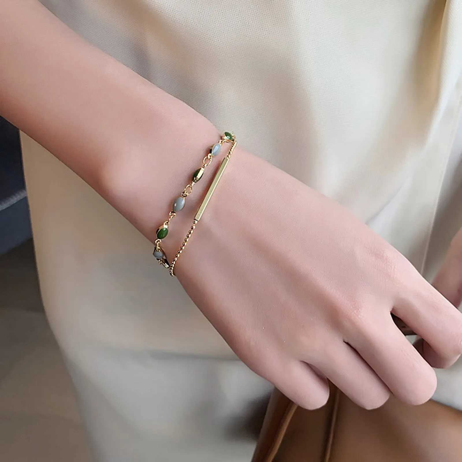 Vintage Double Layer Green Oil Dropping for Women 18k Gold Plated Beaded Chain Wristband C251105