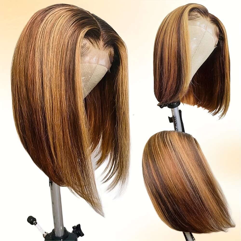 250% Density Ombre 4/27 Honey Blonde 13X4 HD Lace Front Wigs Human Hair For Women Highlight Short Glueless Straight Bob Wig, Versatile Hairpiece