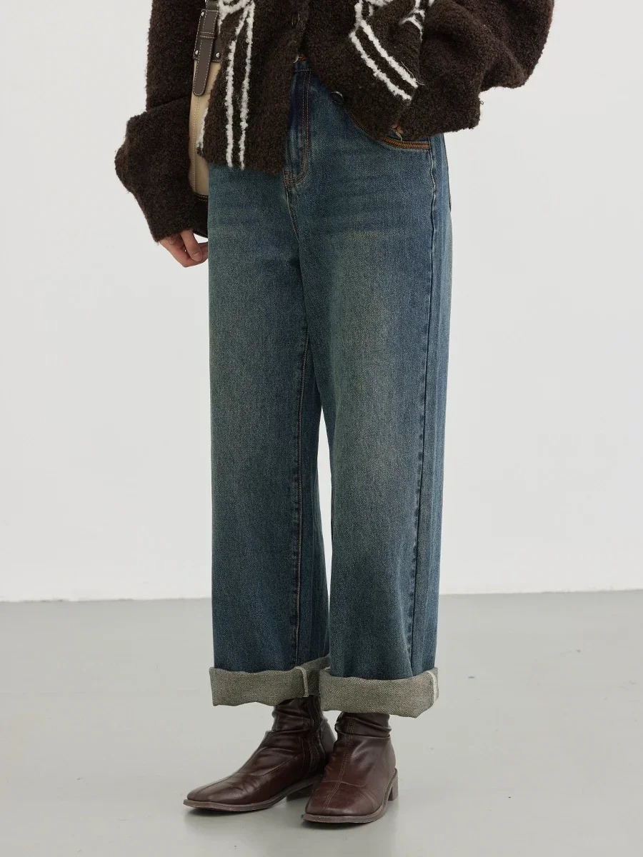 CHIC VEN Womens Jeans Blue Retro High Waist Contrast Cotton Wide Leg Trousers SpringSummer 250403