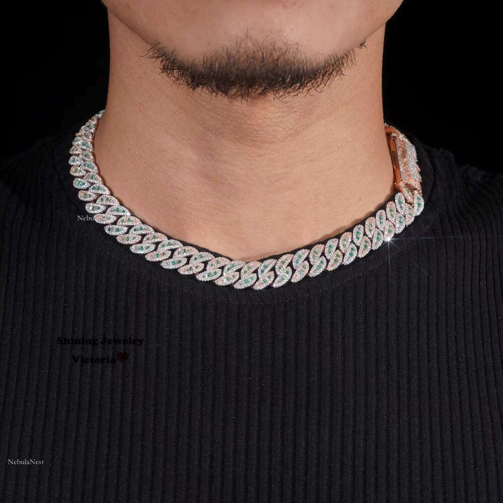 16mm Width Iced Out Sier Baguette Cut Color Mix White Moissanite Dia Miami Cuban k Chain