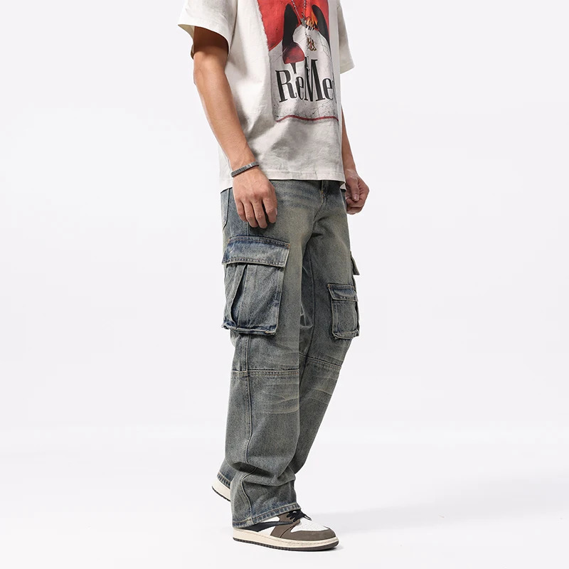 fashion retro multi pocket work clothes work clothes jeans suitable for men loose straight legs masochistic wash fashionable casual pants 250402