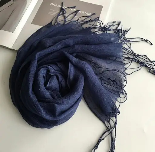 55*180cm Fashion Soft Solid Women 100% Linen Flax Tassel Scarf Summer Travel Sunscreen Long Shawl Elegant Hijab Women Foulard 250403