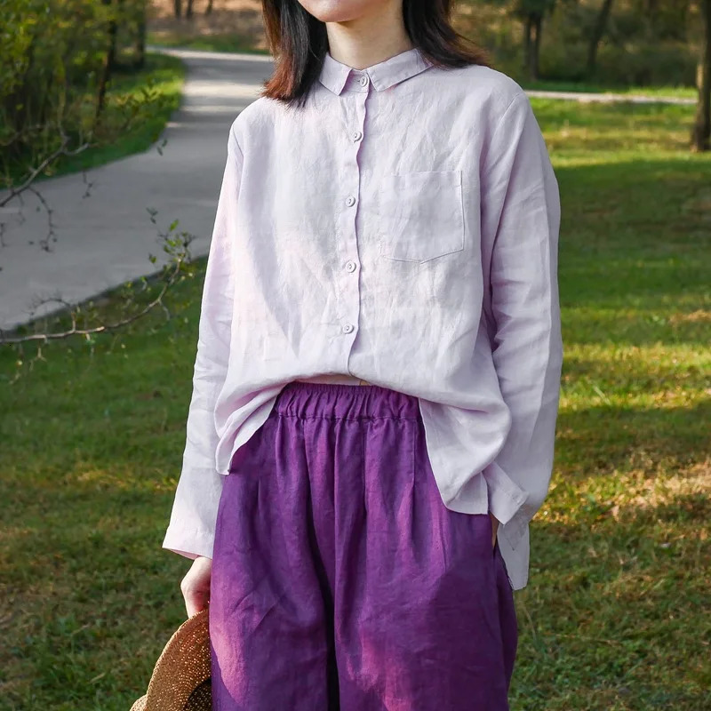 Johnature Women Linen Shirts Solid Color Blouses Autumn Turn-down Collar Button Female Long Sleeve Casual Shirts Tops 250402