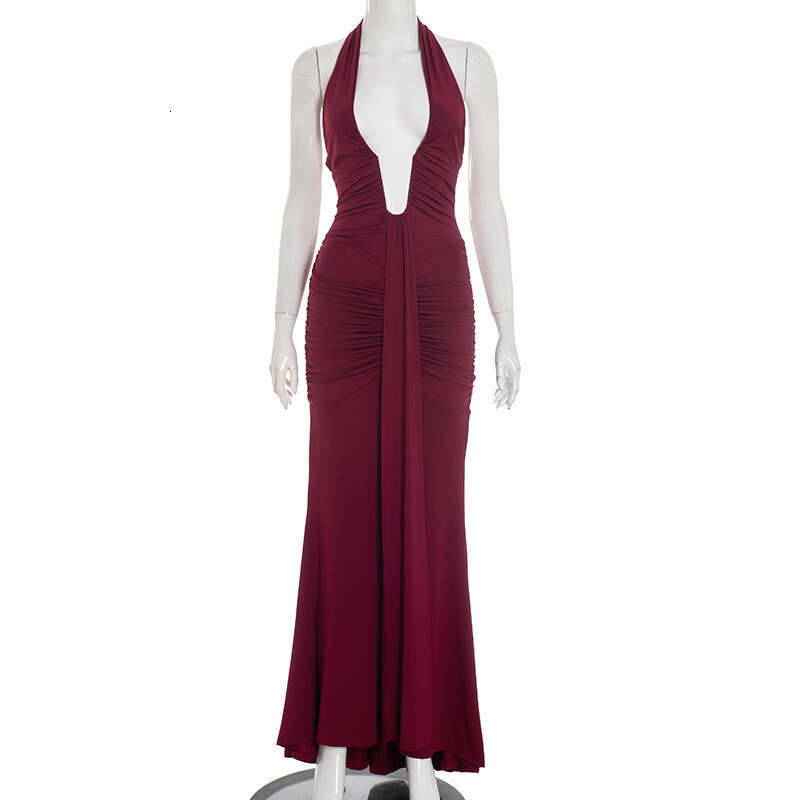 C25DS035 Foreign Trade Cross-Border Fashion Elegant Halter V-Neck Backless Tie Ruched Long Women's Dress