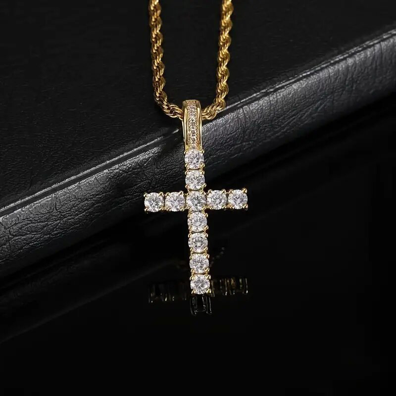Iced Out White Gold Plated Cubic Zirconia Cross Pendant Necklace With Rope Chain Trendy Hip Hop Cross Faith Pendant Jesus Crystal Necklace For Men Wom