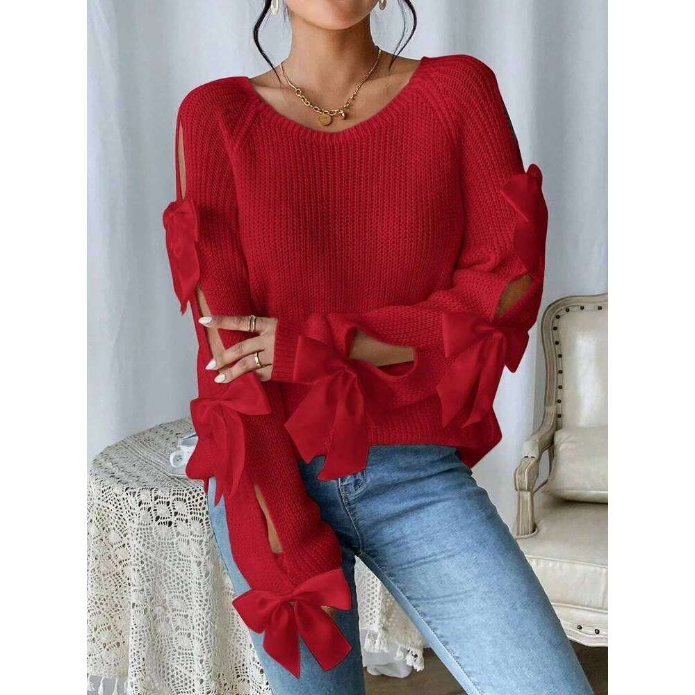 Fashionable Bow Details Hollowed Out Raglan Sleeves Knit Round Neck Minimalist Sweater Designer Sweater Bear Sweater
