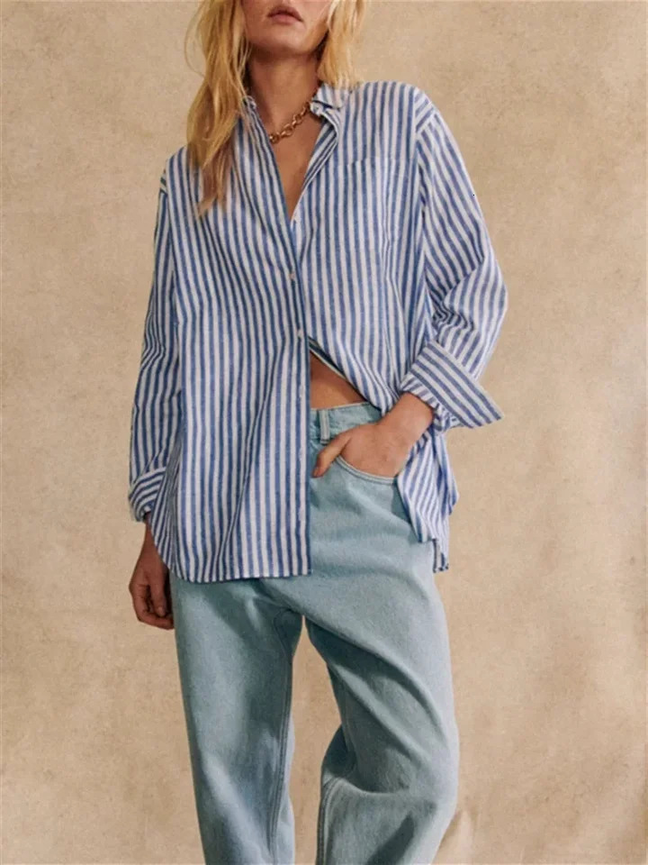 autumn womens striped shirt cotton loose lapel long sleeved womens single chest shirt 250402