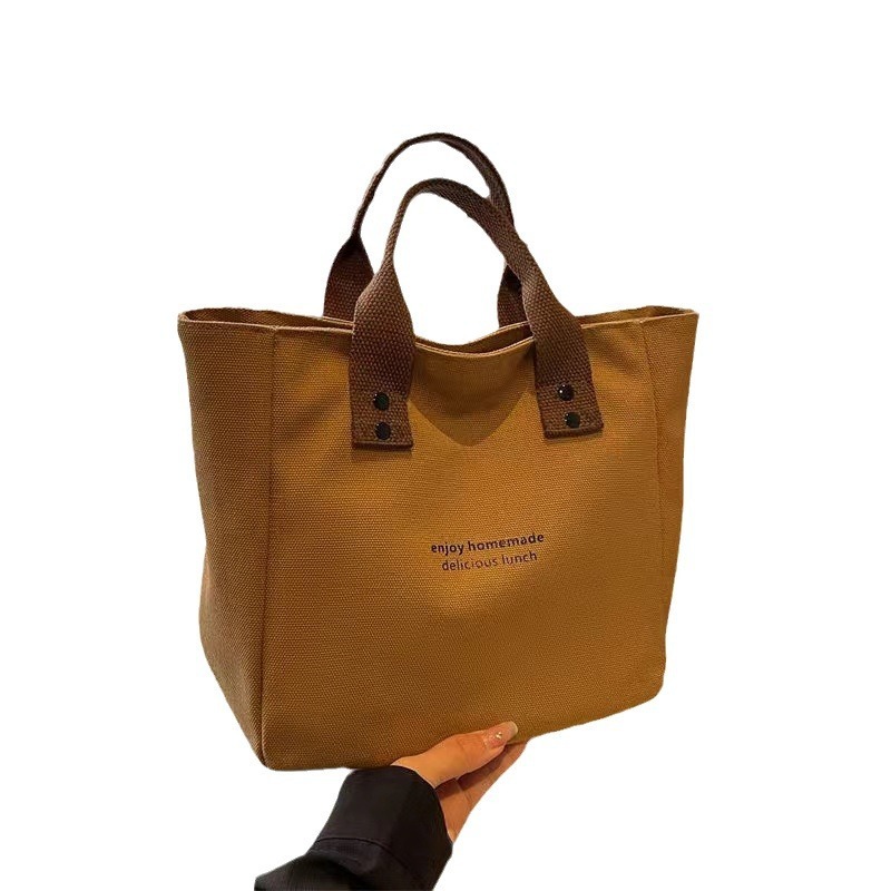 Cross-Border New Canvas Solid Color Handbag Japanese Style Office Worker Simple Lunch Box Color-Block Shoulder Bag Manufacturer Wholesale