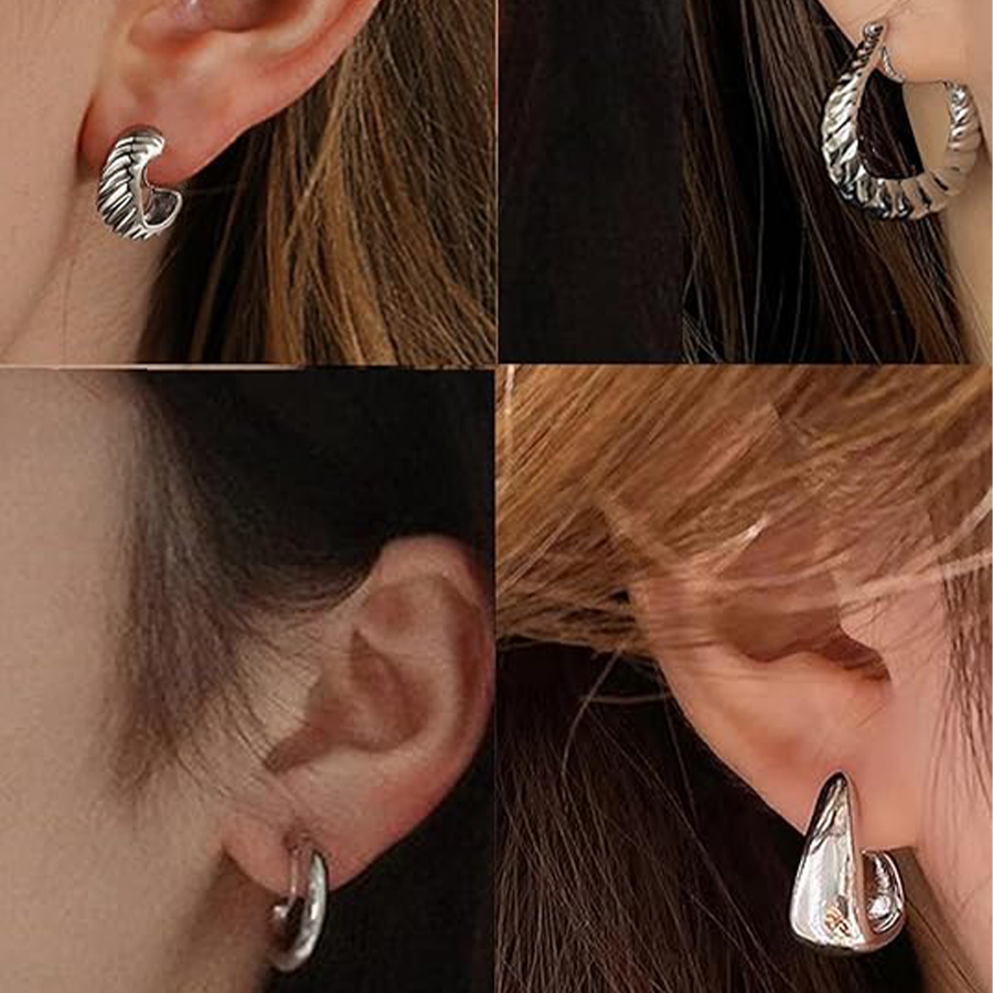 10 Pairs Clip on Hoop Earrings for Women Men Twist Round CZ Chunky Hoop Clip Earring No Piercing Fake Earrings Sets Silver Tone
