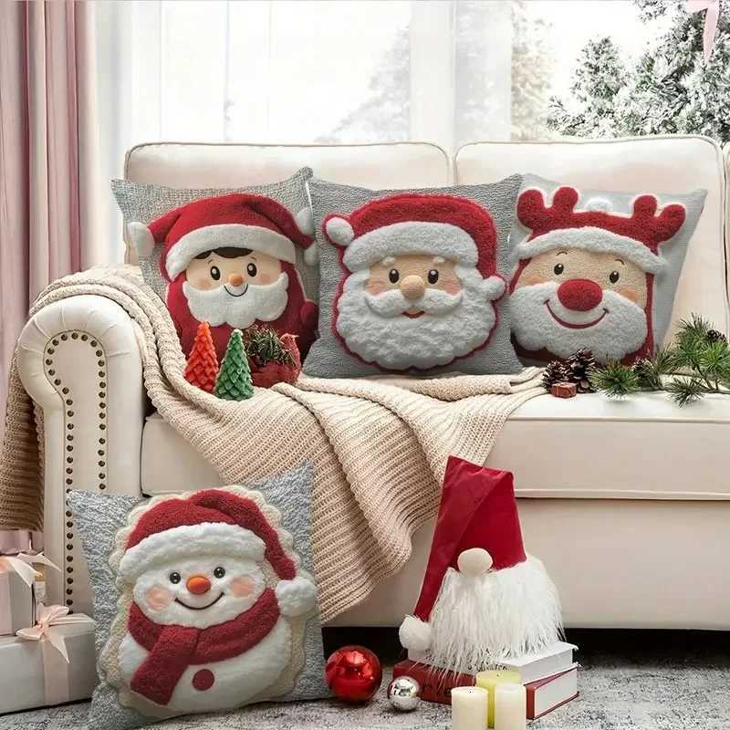 Christmas Cushion Cover 2D Santa Reindeer Pattern Soft Plush Pillow Case Living Room Sofa Decor Plush Pillowcase Christmas Decor Y251105
