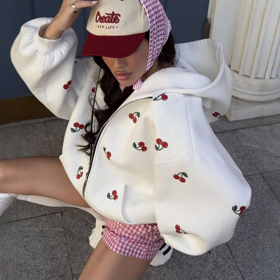 Cherry Print Sweatshirt Jacket Autumn Women European and American Foreign Trade Street Style Fashion Trendy Loose Versatile Sports Hoodie