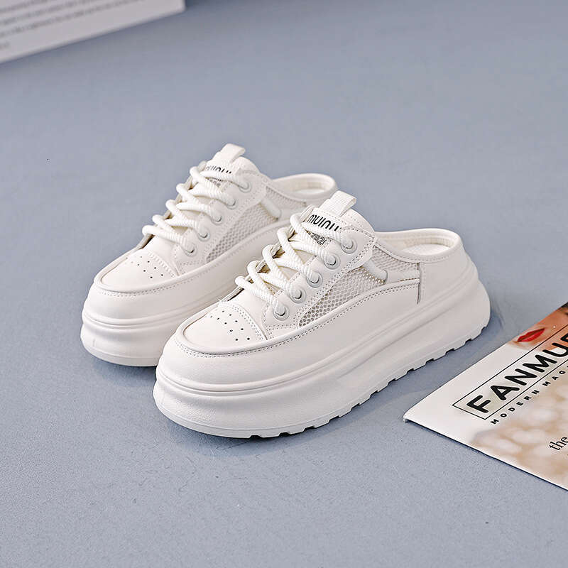 Thick soled half support slippers women, versatile and casual for outdoor wear, 2025 summer new breathable Baotou white shoes KT-2661