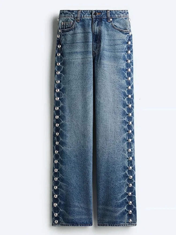 Bead womens denim Jean Loose high waisted pocket zipper fully matched straight leg Trouser Y2k street jacket 250403