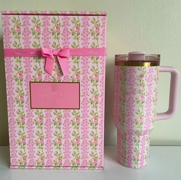 US STOCK With Floral Gift Boxes 40OZ Cups Insulated Stainless Steel Tumblers 40oz Rose Double Wall Vacuum Sealed Travel Mugs Big Capacity Water Bottle