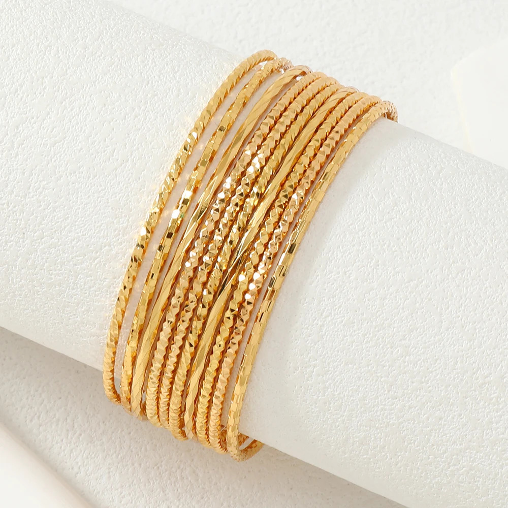 10 Middle Eastern Copper 24K Gold Plated Carved Random Pattern Stacked Elegant Womens Cuff Decorative Bracelets 251031