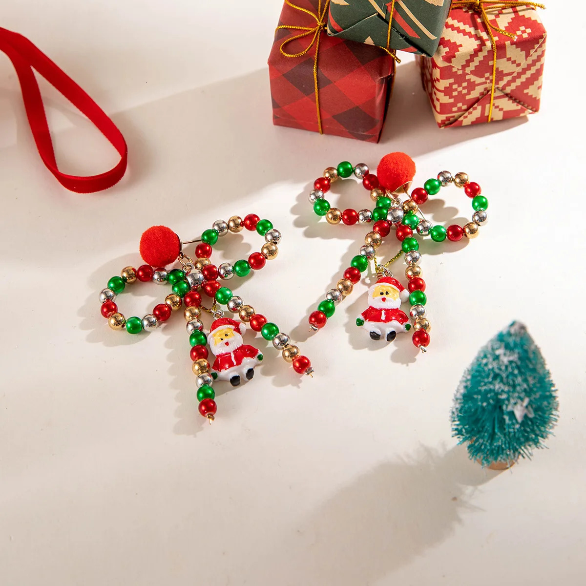 Earrings red bow Christmas tree cute handmade Colored beaded bow hair ball earrings 251131