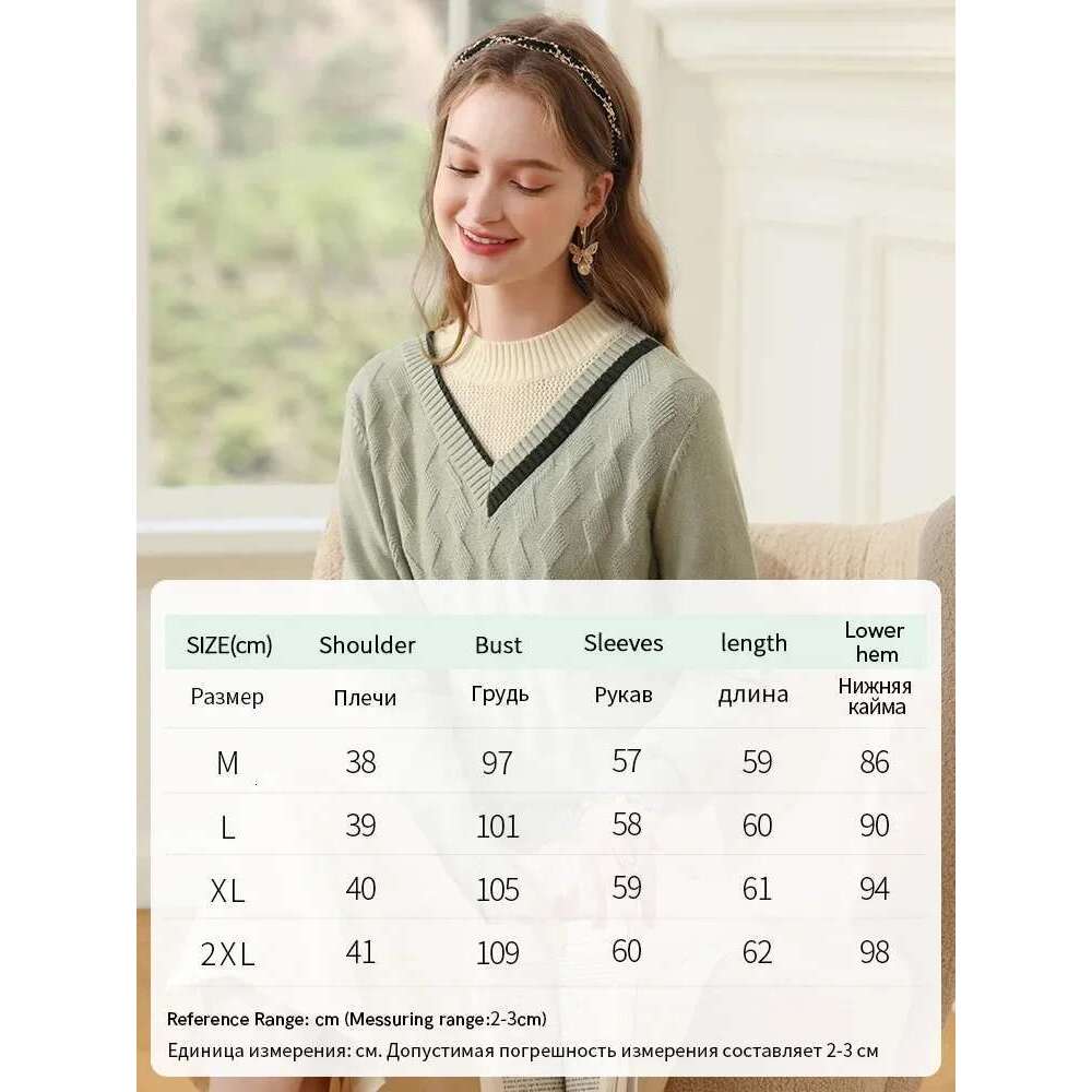 Fake Two-Piece V-Neck Elegant Women's Sweater Dia Jacquard Retro Winter New Soft Knitwear Tops