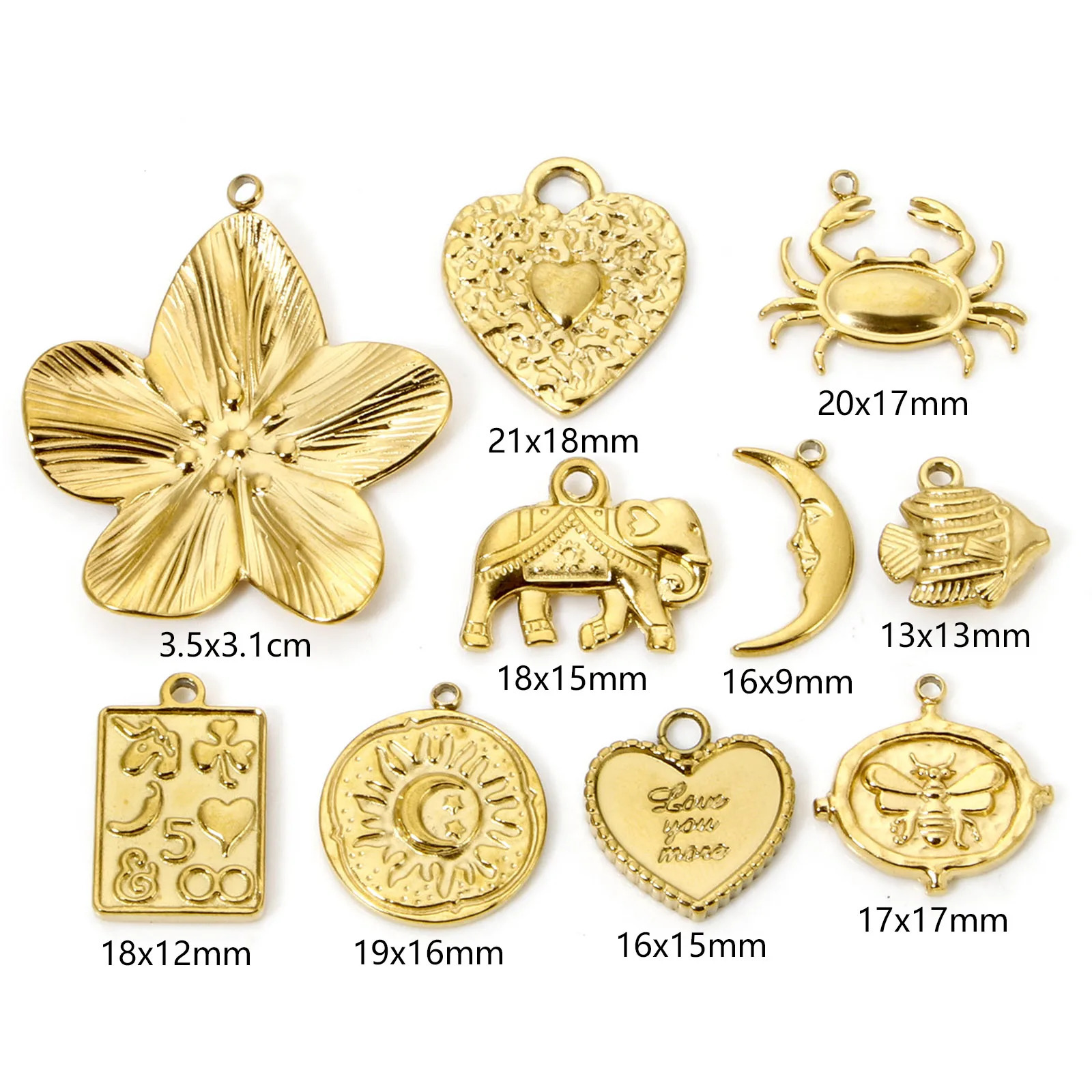 2 pieces of 304 stainless steel charming fish heart flower goldplated mini pendant DIY necklace earrings suitable for womens jewelry making 250325