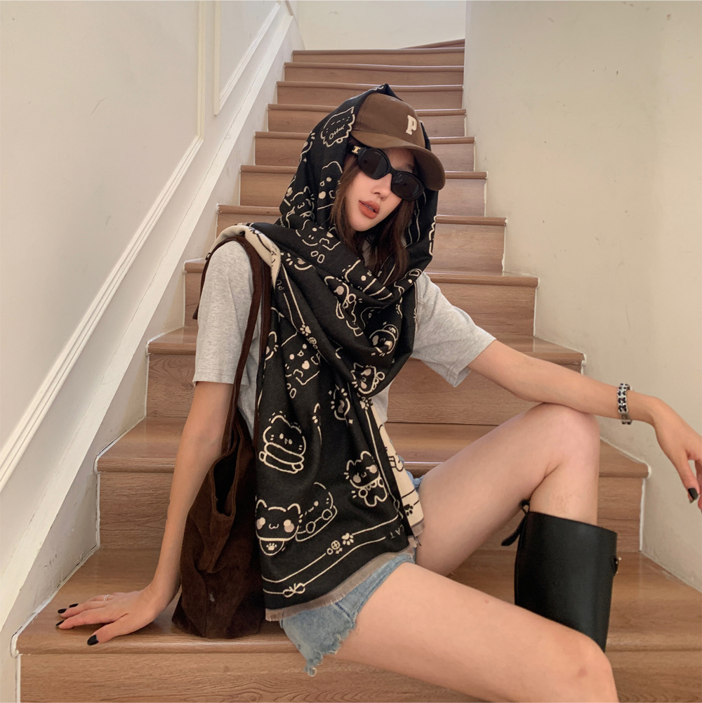 Cute Cartoon Animal Print Scarf Autumn And Winter Warm Tassel Shawl Scarf Multi Color Playful Style Imitation Cashmere Scarf